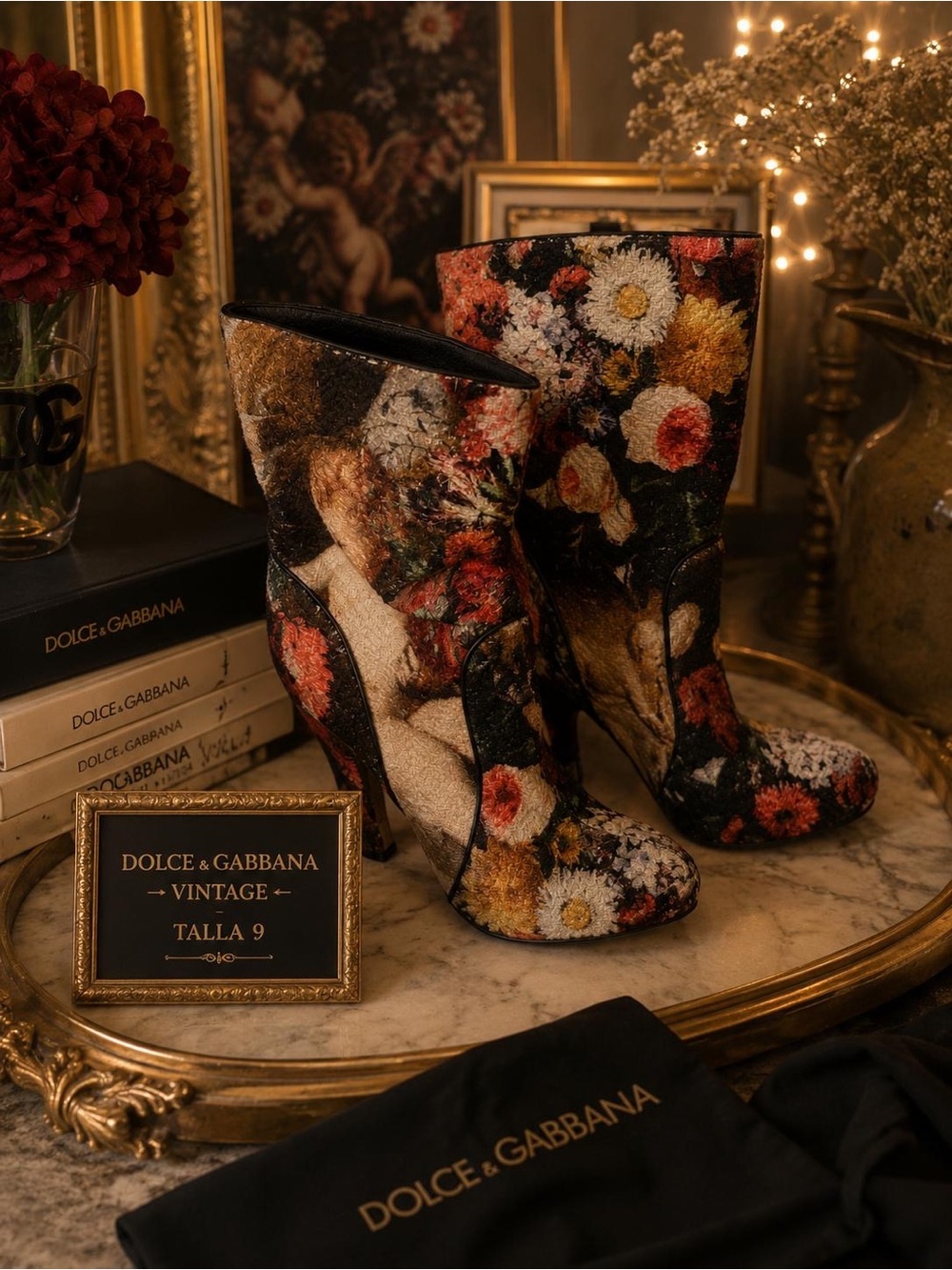 Vintage Dolce & Gabbana Multicolor Floral Velvet Ankle Boots need heel caps.